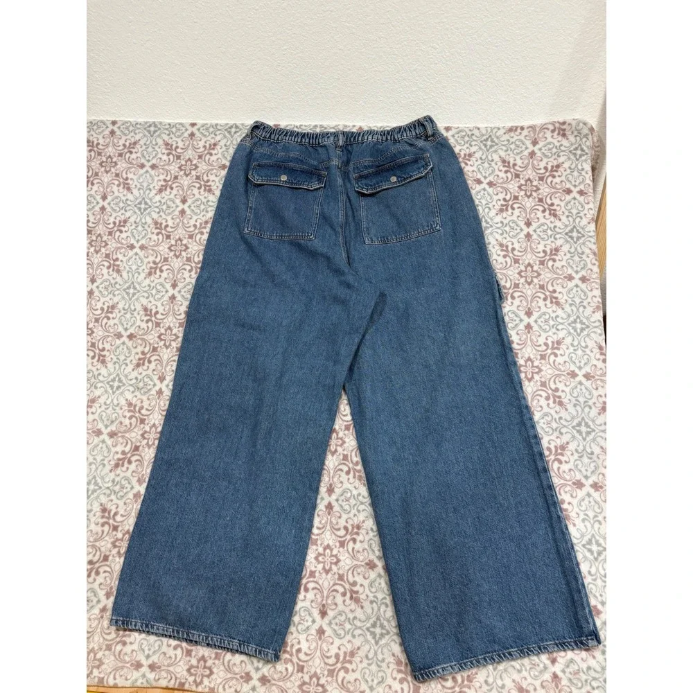 Forever 21+ Premium Blue Cargo Jeans Wide Leg High Rise Plus Size 18 Elastic Bac